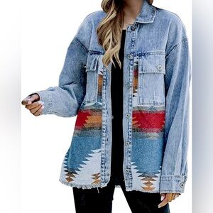 Women's Oversized Distressed Cutoff  Jean Jacket with Southwestern Design Sz L